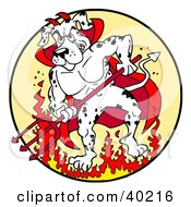 Poster, Art Print Of Strong Fire House Dalmatian Dog Devil Standing In Fire And Holding A Pitchfork