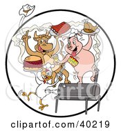Poster, Art Print Of Cow Pig And Chicken Celebrating At A Bbq Eating Bbq Ribs Burgers And Chicken