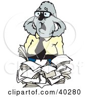 Clipart Illustration Of An Overwhelmed Business Koala With A Stack Of Paperwork