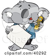 Clipart Illustration Of A Koala Businessman Holding A Blank Price Tag And A Cell Phone by Dennis Holmes Designs