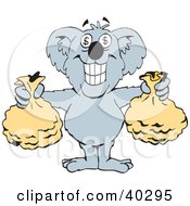 Poster, Art Print Of Wealthy Koala With Dollar Sign Eyes Holding Two Money Bags