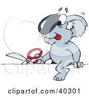 Poster, Art Print Of Koala Sitting On A Ledge And Cutting It With Scissors