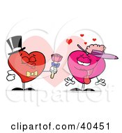 Sweet Male Heart In A Hat And Tie Giving Flowers To A Pink Lady Heart
