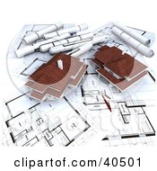 Clipart Illustration Of Two 3d Houses On Blueprints