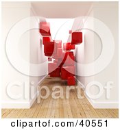 Clipart Illustration Of A 3d Hallway With Aged Wooden Flooring Filled With Floating Red Cubes