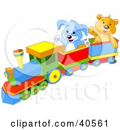 Poster, Art Print Of Happy Blue Puppy And Friendly Teddy Bear Enjoying A Train Ride