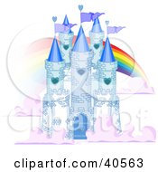 Blue Stone Castle In The Clouds With Flags And A Rainbow