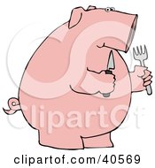 Clipart Illustration Of A Hungry Pink Pig Holding A Knife And Fork