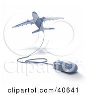 Clipart Illustration Of A Blue 3d Computer Mouse Wired To A Departing Airplane