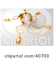 Clipart Illustration Of 3d Computer Mice Connected To An Orange Globe With Leaves