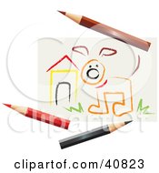 Poster, Art Print Of Childrens Art Drawing Of A Dog By A House With Colored Pencils