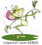 Clipart Illustration Of A Goofy Hungry Green Frog Hopping And Sticking His Tongue Out