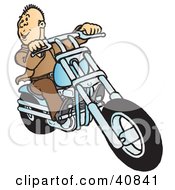 Poster, Art Print Of Happy Biker Dude Dressed In Brown Riding On His Blue Chopper