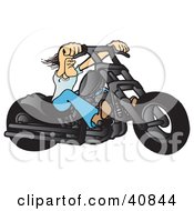 Clipart Illustration of a Tough Biker Dude Resting His Arms On His Chopper Handles While Taking A Ride On His Black Motorcycle by Snowy #COLLC40844-0092