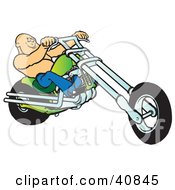 Clipart Illustration Of A Shirtless Bald Biker Dude Riding His Green Chopper by Snowy