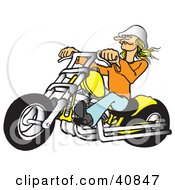 Clipart Illustration Of A Blond Biker Chick Wearing A White Hat Riding Her Yellow Chopper by Snowy