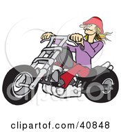 Poster, Art Print Of Blond Biker Chick Wearing A Red Hat Riding Her Red Chopper