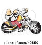 Poster, Art Print Of Cool Bald Biker Dude Driving His Orange Chopper
