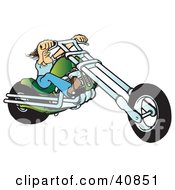 Poster, Art Print Of Tough Biker Dude Resting His Arms On His Chopper Handles While Taking A Ride On His Green Motorcycle
