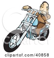 Poster, Art Print Of Cool Biker Dude Dressed In Brown Riding On His Blue Chopper