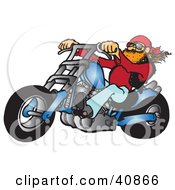 Clipart Illustration Of An Orange Bearded Biker Dude Riding His Blue Chopper