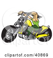 Poster, Art Print Of Tough Biker Dude Resting His Arms On His Chopper Handles While Taking A Ride On His Yellow Motorcycle