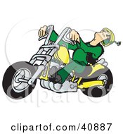 Clipart Illustration Of A Biker Dudes Head Falling Back While Riding A Powerful Yellow Chopper