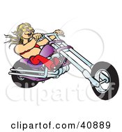 Clipart Illustration Of A Blond Biker Chick In A Halter Top Riding Her Purple Chopper
