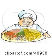 Poster, Art Print Of Friendly Male Chef Serving A Dinner Of Steak Veggies And Fries