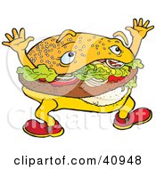 Poster, Art Print Of Tempting Hamburger Character Waving His Arms