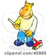 Clipart Illustration Of A Yellow Hippo Sweeping With A Push Broom by Snowy