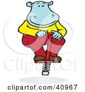 Poster, Art Print Of Blue Hippo Bouncing On A Red Pogo Stick