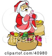 Poster, Art Print Of Santa In A Red Suit Admiring The Gifts And Toys In His Sacks
