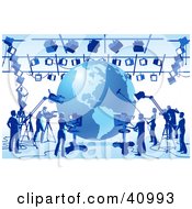 Clipart Illustration Of A Globe Surrounded By Blue Silhouetted Camera Light And Sound Technicians In A Studio by Tonis Pan