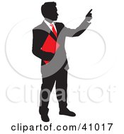 Poster, Art Print Of Red And Black Silhouette Of A Businessman Holding A Folder And Pointing