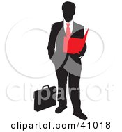 Poster, Art Print Of Red And Black Silhouette Of A Businessman Reading A Folder