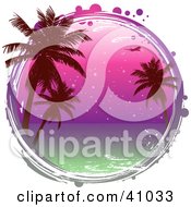Poster, Art Print Of Grungy Circle Framing A Scene Of Palm Trees Against A Purple Ocean Sunset