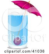 Poster, Art Print Of Blue Cocktail Served With A Pink Umbrella And A Cherry