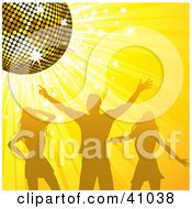 Poster, Art Print Of Man And Two Women Dancing Under A Gold Disco Ball On A Sparkling Yellow Background