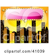 Poster, Art Print Of Blank Pink Sign Bordered In Gold Over A Yellow Background With Skyscrapers
