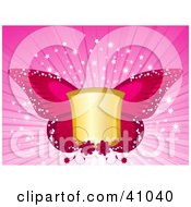 Poster, Art Print Of Blank Golden Shield With Pink Butterfly Wings On A Bursting Sparkling Background