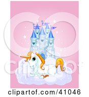 Poster, Art Print Of Cute White Unicorn Resting On A Cloud In Front Of A Blue Castle