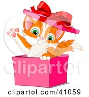 Poster, Art Print Of Adorable Orange Kitten Popping Out Of A Pink Gift Box And Waving