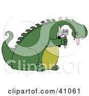 Clipart Illustration Of A Starving Green Dragon Hanging His Tongue Out And Holding A Knife And Fork