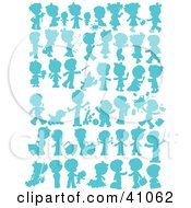 Poster, Art Print Of Child Pet And Baby Silhouettes In Blue