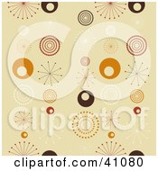 Clipart Illustration Of A Seamless Background Of Retro White Brown Red And Orange Bursts And Circles On Beige