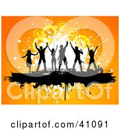 Poster, Art Print Of Black Silhouetted Dancers With Their Arms In The Air On A Grunge Bar With An Orange Background