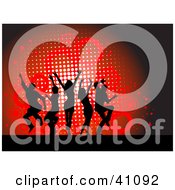 Clipart Illustration Of Black Silhouetted Dancers Jumping Over A Red Grunge Circle Background