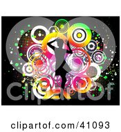Clipart Illustration Of A Single Silhouetted Woman Dancing In Front Of A Colorful Circle Grunge Black Background