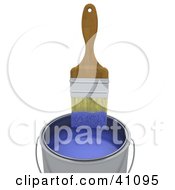 Clipart Illustration Of A Wooden Handled Paintbrush Wiping Excess Blue Paint On The Rim Of A Can by KJ Pargeter